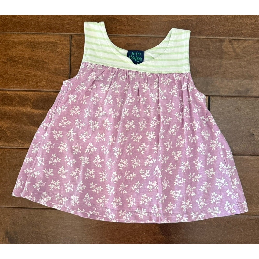 Mini Boden Sleeveless Tank Purple Floral Green Stripe Top Girls 7-8Y  100% Cotto